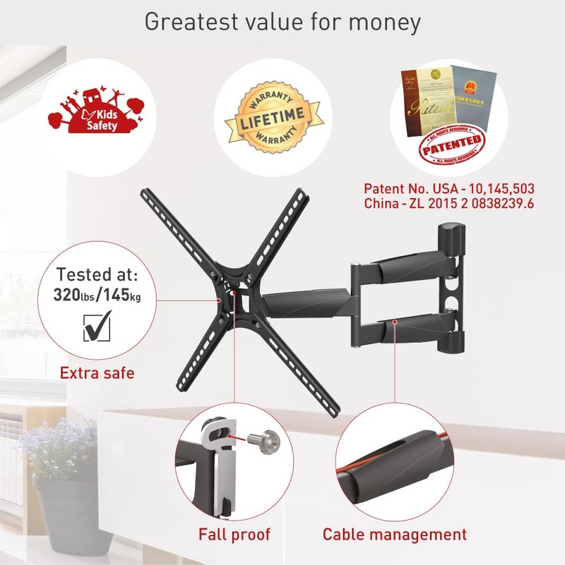 Barkan TV Wall Mount, 13-65 inch Full Motion Articulating - 4 Movement Long Premium Flat/Curved Screen Bracket, up to 80 lbs, Extremely Extendable, Lifetime Limited Warranty,Fits LED OLED LCD - Image 3